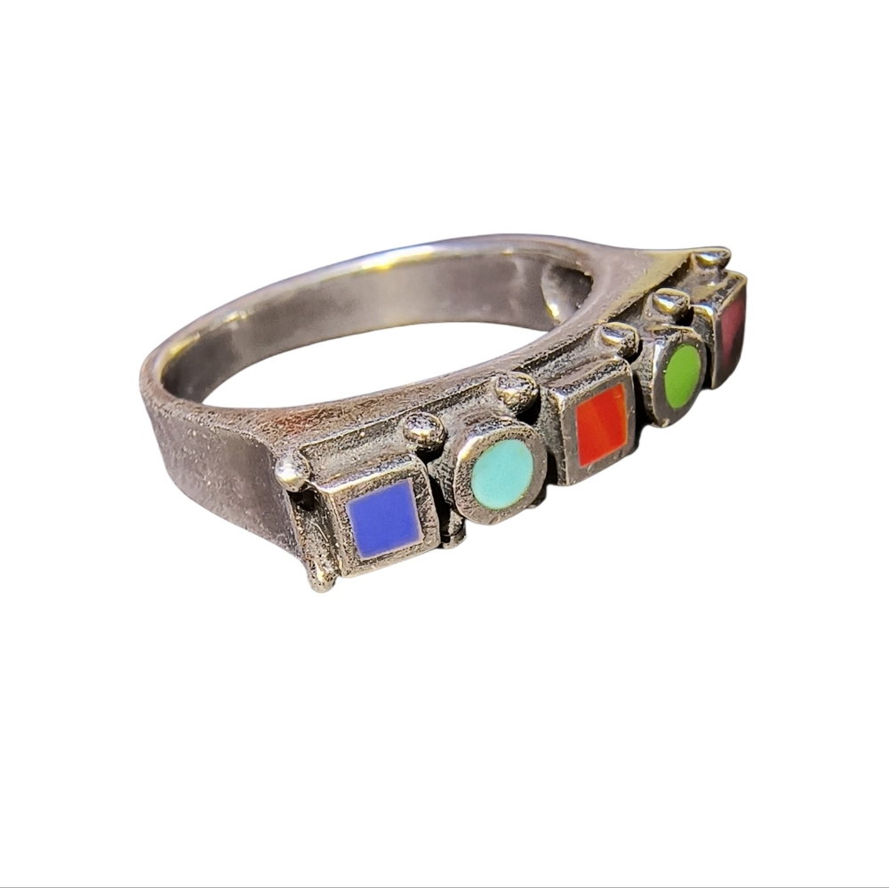 Vintage Sterling Silver Multi-Stone Inlay Ring - Picture 2 of 12